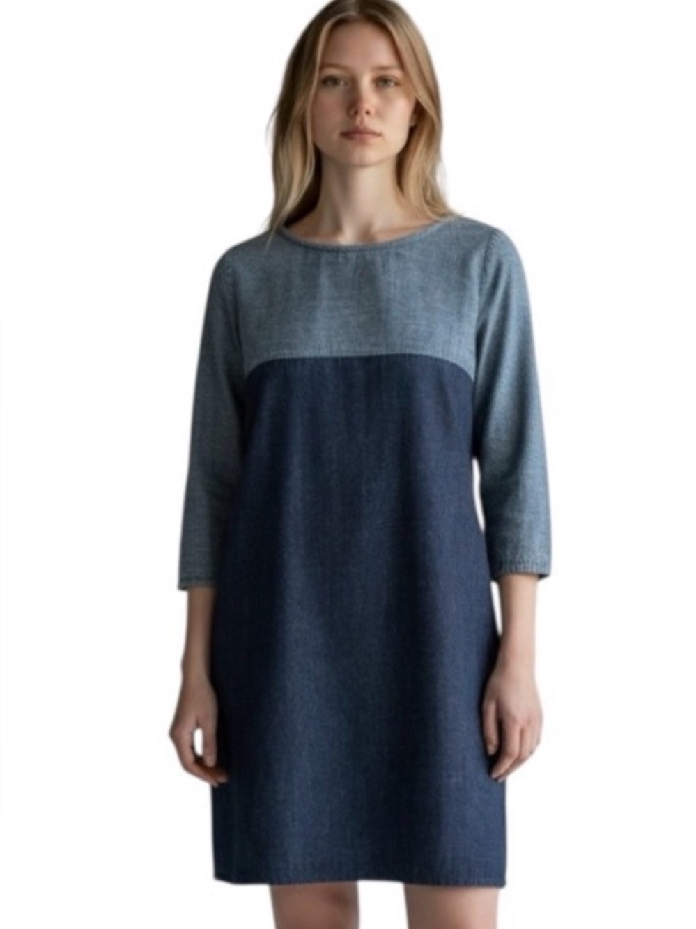 Zara Two Toned Denim Shift Dress 3/4 Sleeves size Large